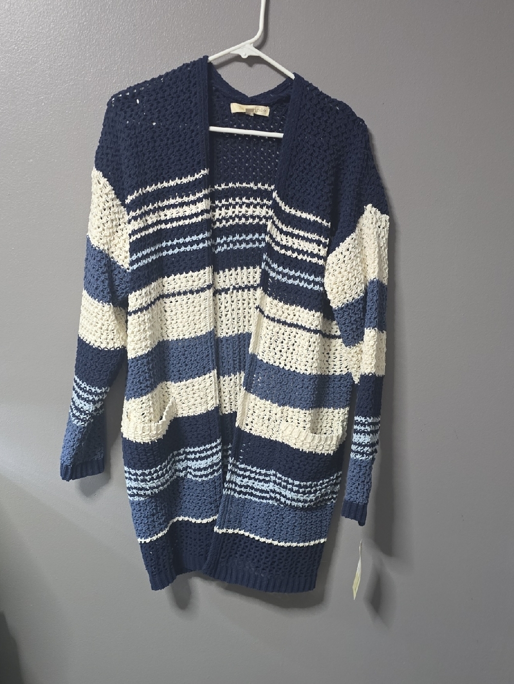 Rewind Women's Large Navy, Blue & Cream Striped Open-Front Cardigan New w/ Tags!